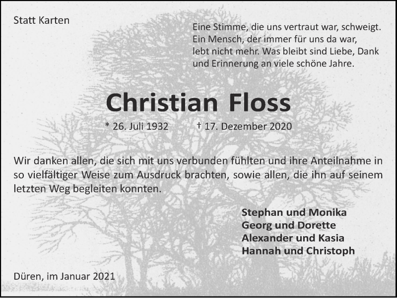 Traueranzeigen Von Christian Floss Aachen Gedenkt