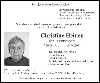 Traueranzeigen von Christine Heinen | Aachen gedenkt