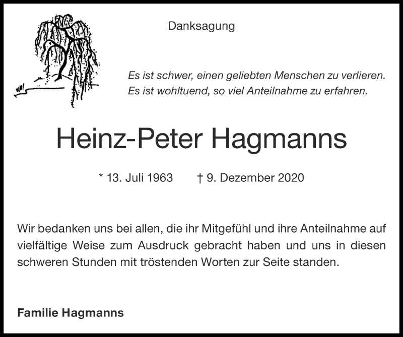  Traueranzeige für Heinz-Peter Hagmanns vom 24.01.2021 aus Zeitung am Sonntag