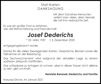 Traueranzeige von Josef Dederichs von Zeitung am Sonntag