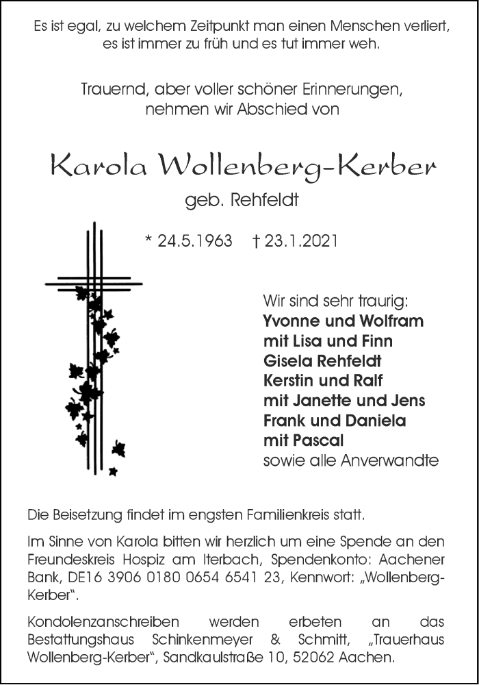  Traueranzeige für Karola Wollenberg-Kerber vom 30.01.2021 aus Aachener Zeitung / Aachener Nachrichten