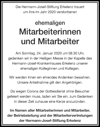 Traueranzeige von zum Gedenken Hermann-Josef-Stiftung Erkelenz von Zeitung am Sonntag