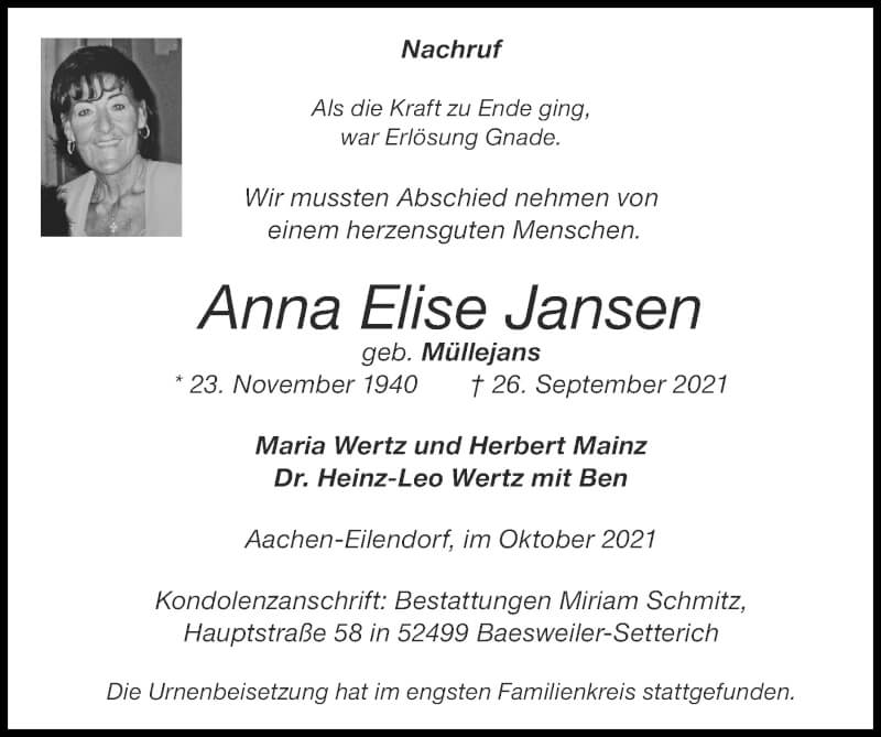 Traueranzeigen von Anna Elise Jansen | Aachen gedenkt