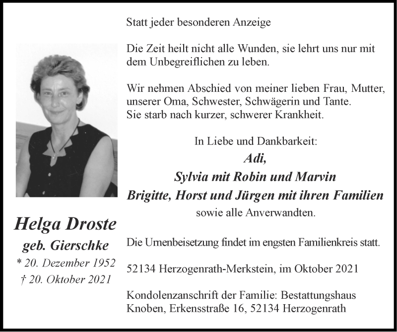 Traueranzeigen von Helga Droste | Aachen gedenkt