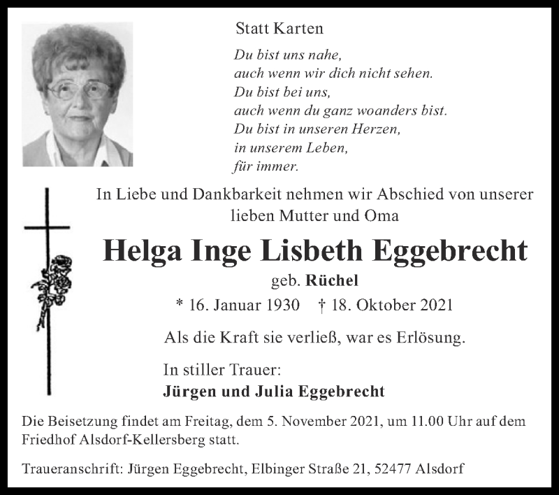 Traueranzeigen von Helga Eggebrecht | Aachen gedenkt