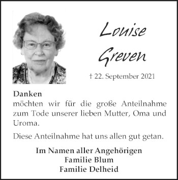 Traueranzeigen von Louise Greven | Aachen gedenkt