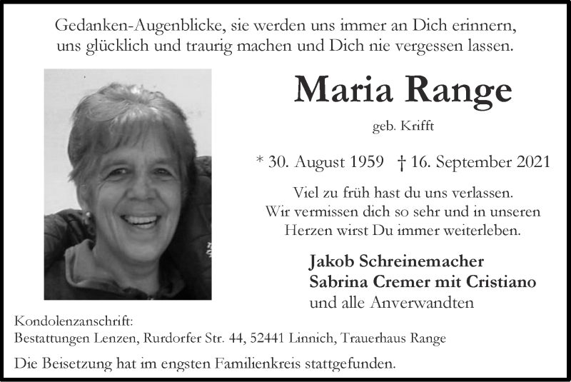  Traueranzeige für Maria Range vom 03.10.2021 aus Zeitung am Sonntag