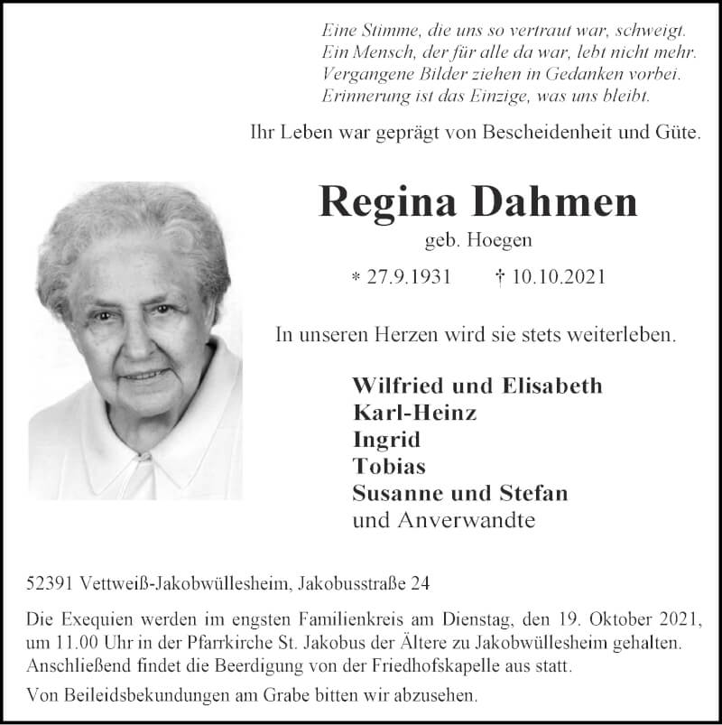  Traueranzeige für Regina Dahmen vom 17.10.2021 aus Zeitung am Sonntag