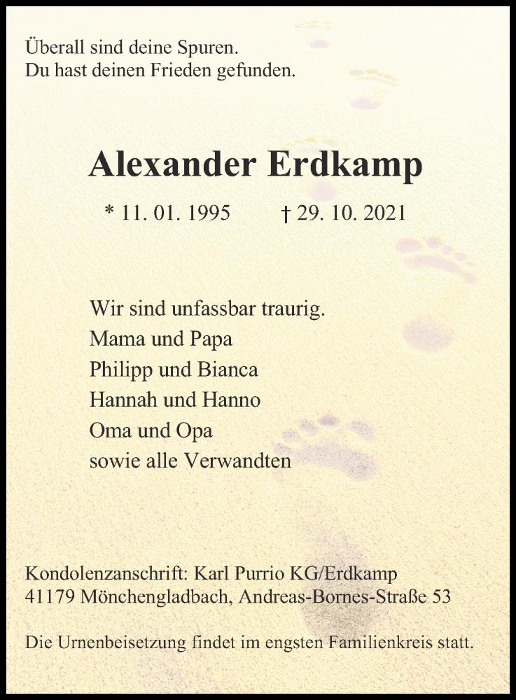  Traueranzeige für Alexander Erdkamp vom 07.11.2021 aus Zeitung am Sonntag