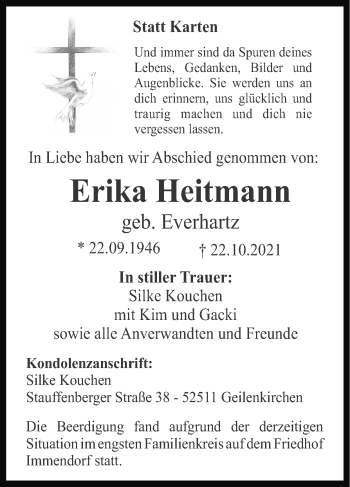 Traueranzeige von Erika Heilmann von Zeitung am Sonntag