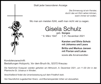 Traueranzeige von Gisela Schulz von Zeitung am Sonntag