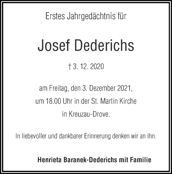 Traueranzeige von Josef Dederichs von Zeitung am Sonntag