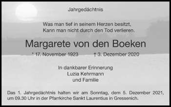 Traueranzeige von Margarete von den Boeken von Zeitung am Sonntag