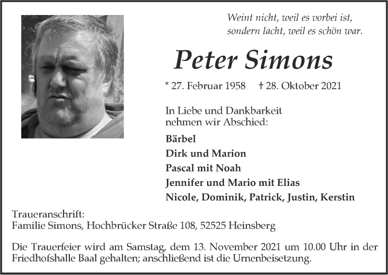  Traueranzeige für Peter Simons vom 07.11.2021 aus Zeitung am Sonntag