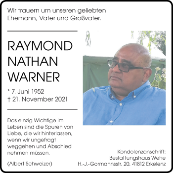 Traueranzeige von Raymond Nathan Warner von Zeitung am Sonntag