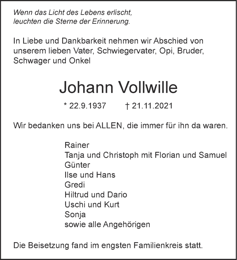  Traueranzeige für Johann Vollwille vom 27.11.2021 aus Aachener Zeitung / Aachener Nachrichten