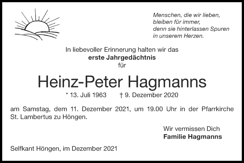  Traueranzeige für Heinz-Peter Hagmanns vom 05.12.2021 aus Zeitung am Sonntag