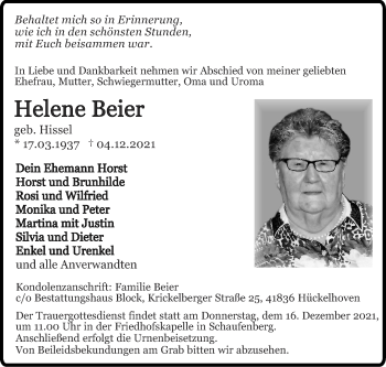 Traueranzeige von Helene Beier von Zeitung am Sonntag