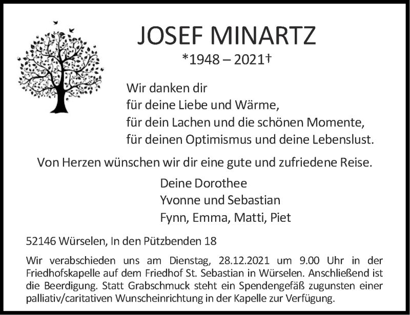  Traueranzeige für Josef Minartz vom 24.12.2021 aus Aachener Zeitung / Aachener Nachrichten