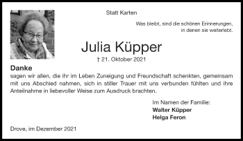 Traueranzeige von Julia Küpper von Zeitung am Sonntag