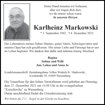 Traueranzeige von Karlheinz Markowski von Zeitung am Sonntag