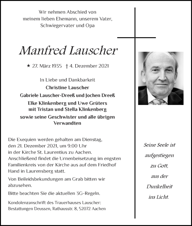  Traueranzeige für Manfred Lauscher vom 12.12.2021 aus Zeitung am Sonntag