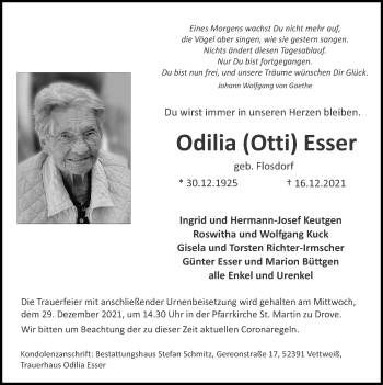 Traueranzeige von Odilia  Esser von Zeitung am Sonntag