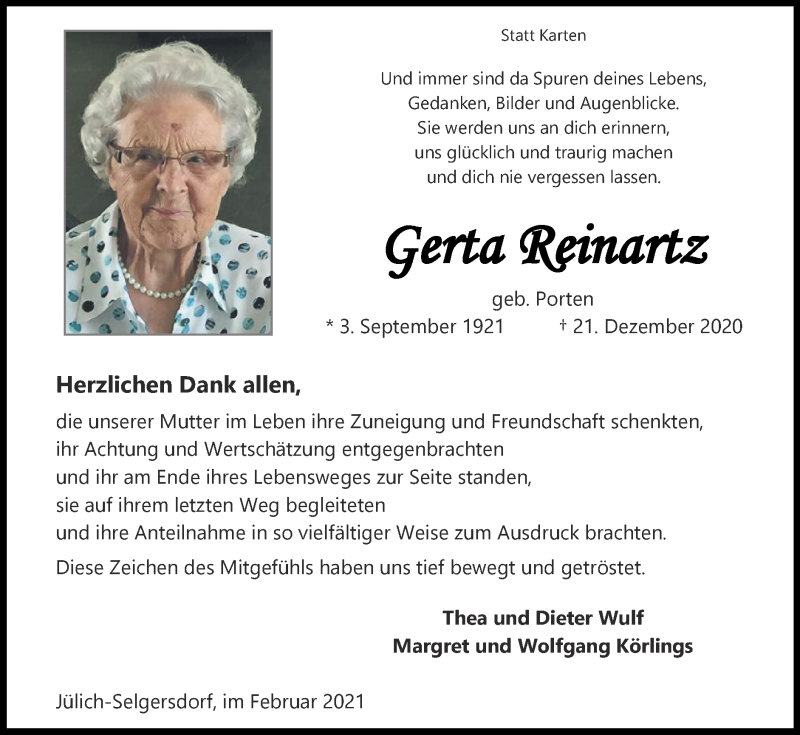 Traueranzeigen von Berta Reinartz | Aachen gedenkt