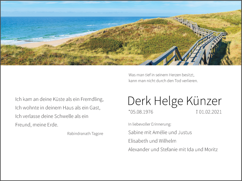  Traueranzeige für Derk Helge Künzer vom 07.02.2021 aus Zeitung am Sonntag