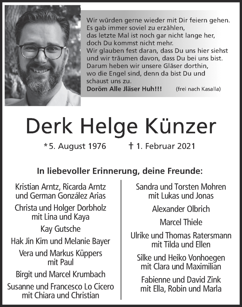  Traueranzeige für Derk Helge Künzer vom 14.02.2021 aus Zeitung am Sonntag