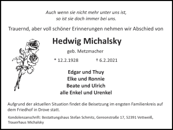 Traueranzeige von Hedwig Michalsky von Zeitung am Sonntag