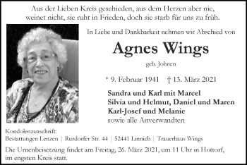 Traueranzeige von Agnes Wings von Zeitung am Sonntag