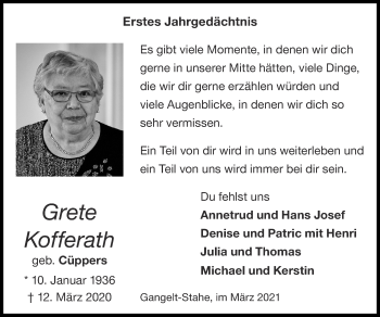 Traueranzeigen von Grete Kofferath | Aachen gedenkt