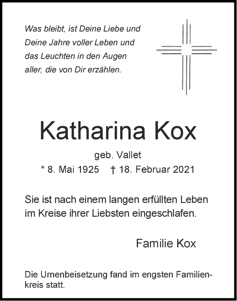 Traueranzeigen Von Katharina Kox Aachen Gedenkt 8350