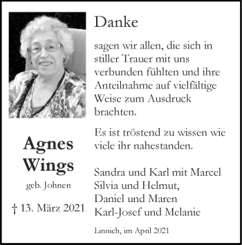 Traueranzeige von Agnes Wings von Zeitung am Sonntag