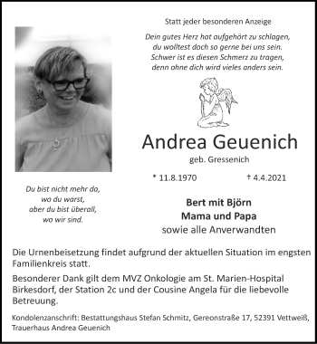 Traueranzeige von Andrea Geuenich von Zeitung am Sonntag