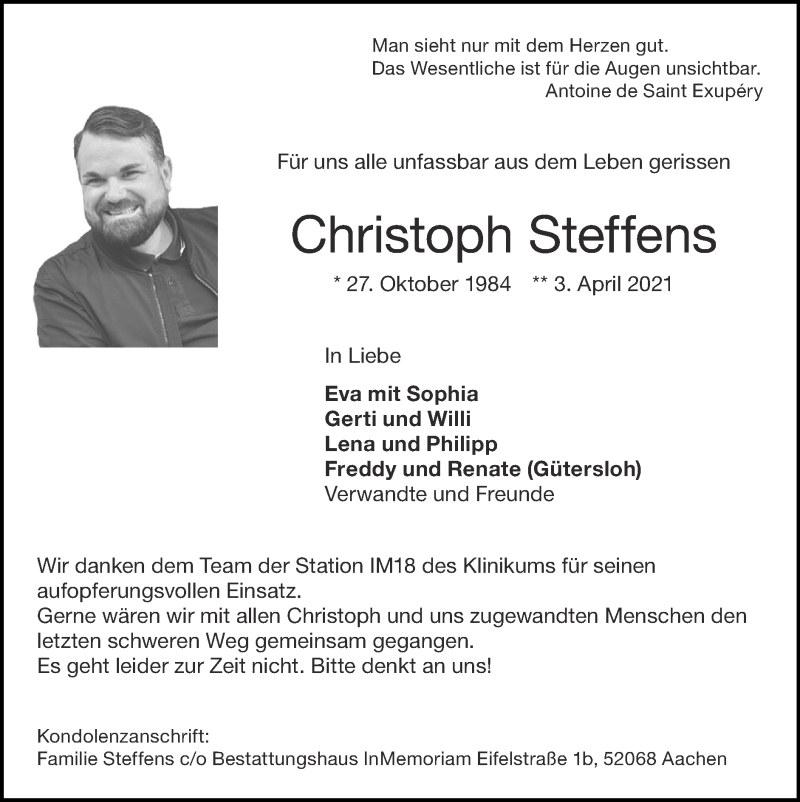  Traueranzeige für Christoph Steffens vom 11.04.2021 aus Zeitung am Sonntag