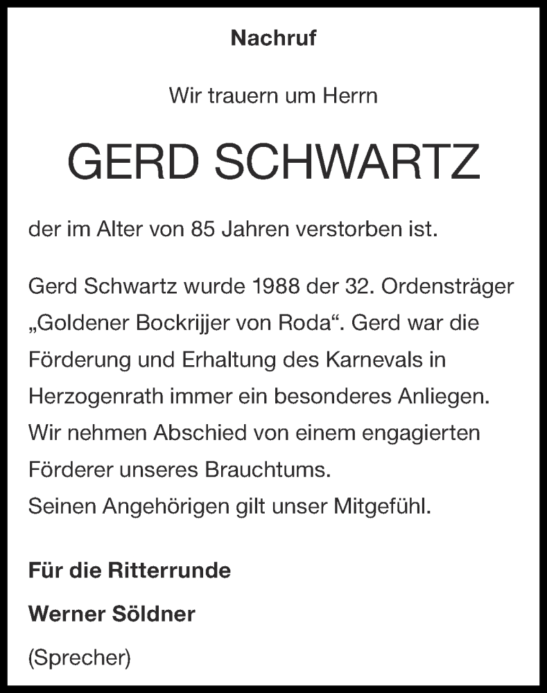  Traueranzeige für Gerd Schwartz vom 25.04.2021 aus Zeitung am Sonntag