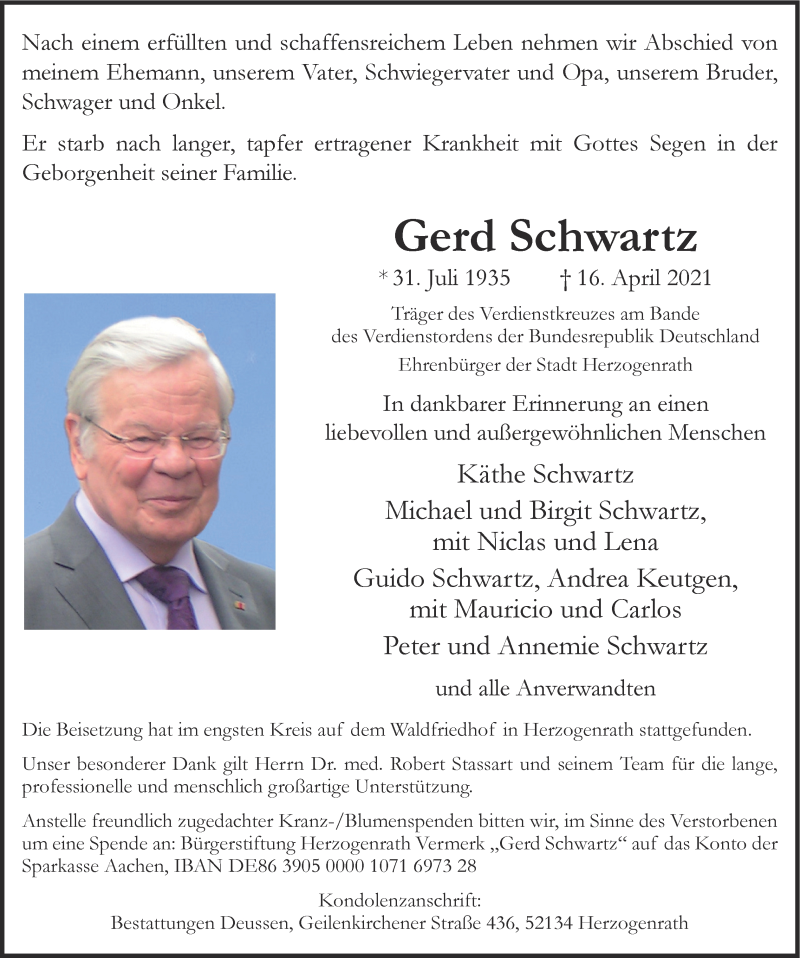  Traueranzeige für Gerd Schwartz vom 25.04.2021 aus Zeitung am Sonntag