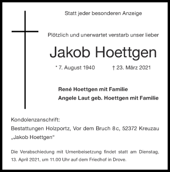 Traueranzeige von Jakob Hoettgen von Zeitung am Sonntag