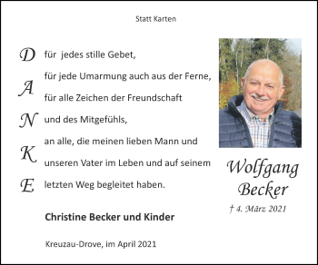 Traueranzeige von Wolfgang Becker von Zeitung am Sonntag