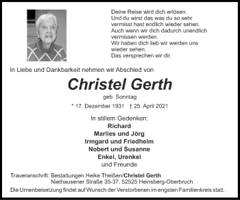 Traueranzeigen von Christel Gerth | Aachen gedenkt