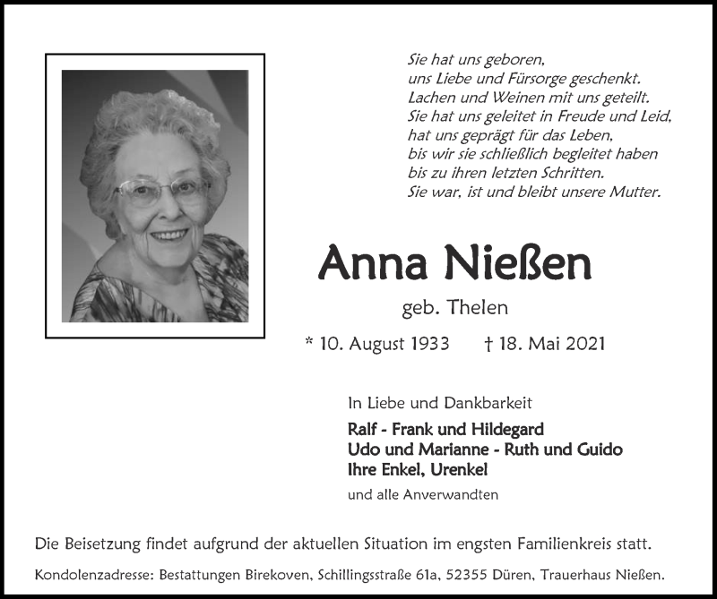 Traueranzeigen von Anna Nießen | Aachen gedenkt