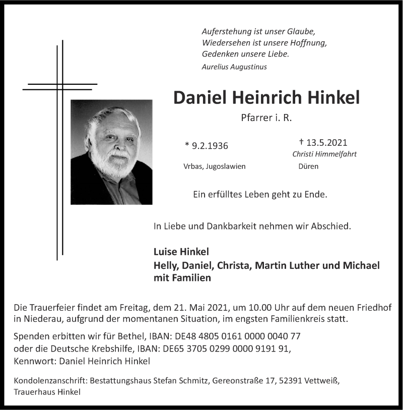  Traueranzeige für Daniel Heinrich Hinkel vom 19.05.2021 aus Aachener Zeitung / Aachener Nachrichten