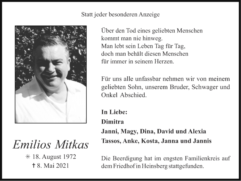 Traueranzeigen von Emilios Mitkas | Aachen gedenkt