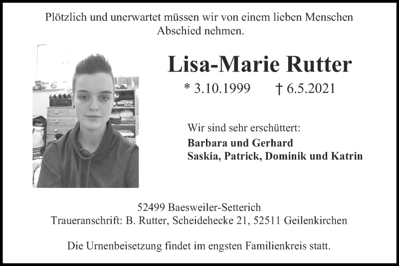  Traueranzeige für Lisa-Marie Rutter vom 16.05.2021 aus Zeitung am Sonntag