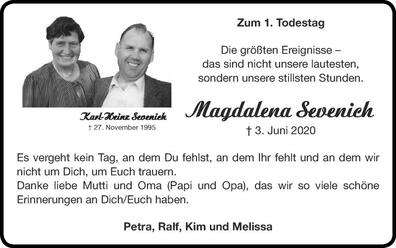  Traueranzeige für Magdalena Sevenich vom 30.05.2021 aus Zeitung am Sonntag