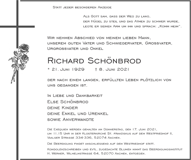  Traueranzeige für Richard Schönbrod vom 12.06.2021 aus Aachener Zeitung / Aachener Nachrichten