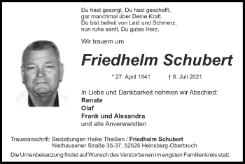 Traueranzeige von Friedhelm Schubert von Zeitung am Sonntag