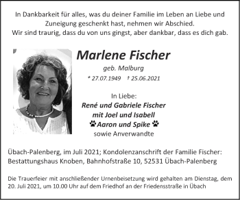 Traueranzeigen von Marlene Fischer | Aachen gedenkt